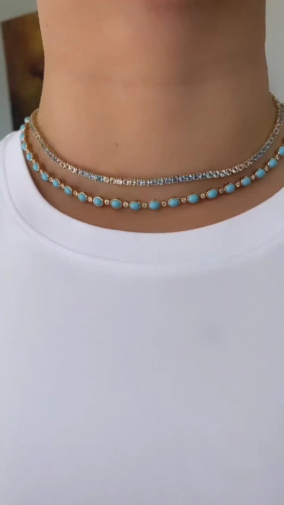 Turquoise and Cz Diamond Bezel Set Tennis Necklace in 925 Silver