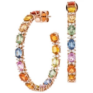 925 Rainbow Sapphire with cz diamond Huggie Earrings • Small Hoop Earrings • oval Gemstone Earrings •Summer Earrings • Birthday Gift for Her