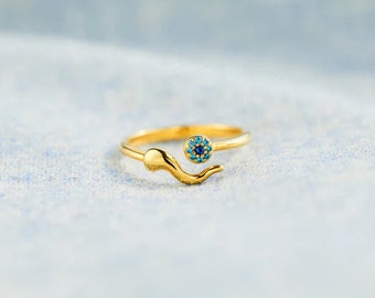 Evil Eye Ring, Italian Horn Ring, Adjustable Ring, Sterling Silver Ring, Dainty Protection Ring, Stacking Diamond Ring, Gift for Her