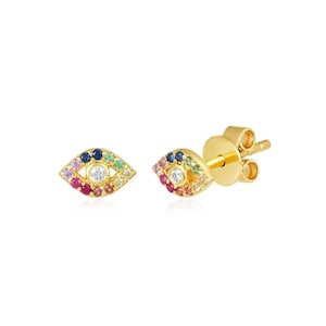 Regenbogen Multi Saphir Mit Diamant Edelstein Evil Eye Ohrstecker in handgefertigt in 14k Gelbgold Minimalist Schmuck Geschenk