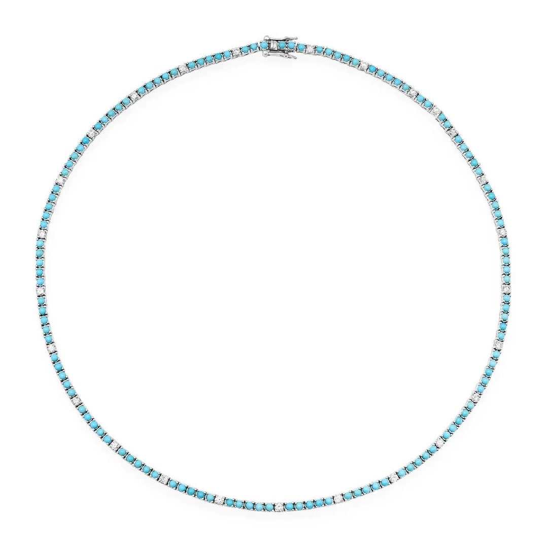 14K Solid Gold Turquoise & Diamond Tennis Necklace responsibly Sourced