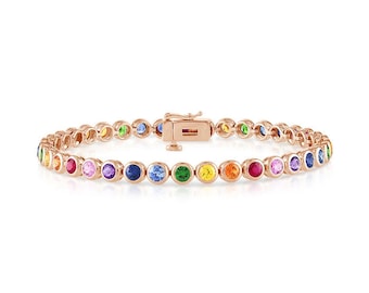 925 Silver Rainbow Lab Sapphire Tennis Bracelet, Silver rainbow sapphire tennis bracelet, Ombre Bracelet For Women Valentine Gift For Her