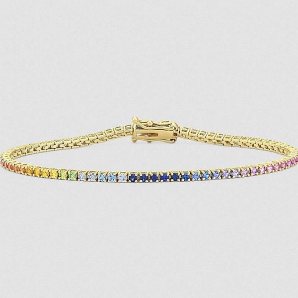 Rainbow Sapphire Bracelet / 14K Multi-Color Sapphire Tennis Bracelet / Natural Sapphire Round Rainbow Gradient Ombre Bracelet
