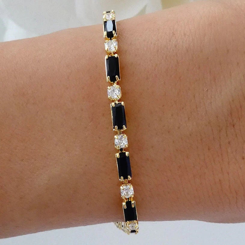 Black Onyx Baguette Tennis Bracelet: Sterling Silver Birthstone Gift