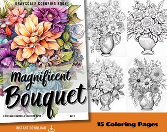 Coloring Pages Flowers & Bouquet for Adults | Printable PDF | Instant Download | Flower Coloring Sheets | Grayscale Illustration