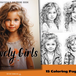 Cute Girls Long Hair Coloring Pages for Adults & Children Printable PDF Instant Download Grayscale Illustration Coloring Sheets image 1