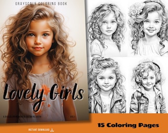 Cute Girls Long Hair Coloring Pages for Adults & Children | Printable PDF Instant Download Grayscale Illustration Coloring Sheets