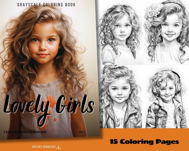 Cute Girls Long Hair Coloring Pages for Adults & Children Printable PDF Instant Download Grayscale Illustration Coloring Sheets image 1