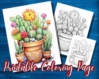 1 Coloring Page Beautiful Cacti in Terracotta Pot | Still Life | Grayscale Illustration | Printable PDF | Digital Download Coloring Template