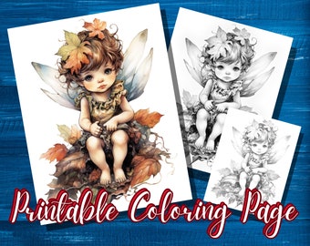 Coloring Page Baby Fairy on Leaves | Grayscale Illustration | Printable PDF Coloring Sheets for Adults and Children | Digital Download