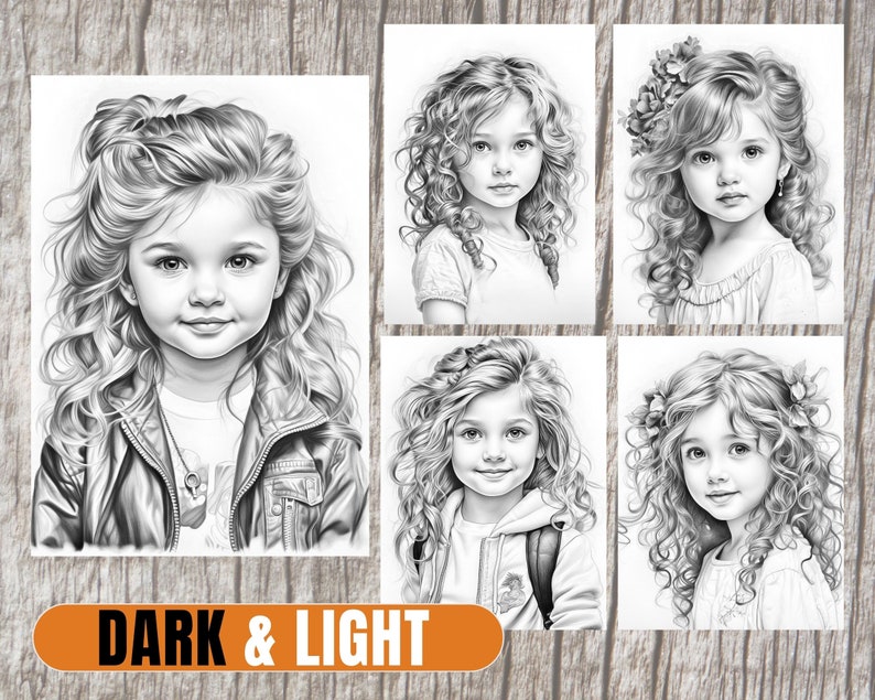 Cute Girls Long Hair Coloring Pages for Adults & Children Printable PDF Instant Download Grayscale Illustration Coloring Sheets image 3