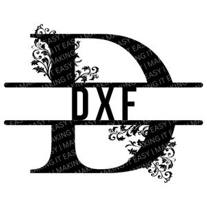 May include: Black and white monogram design featuring the letter D with floral embellishments. The word "DXF" is centered below the letter.