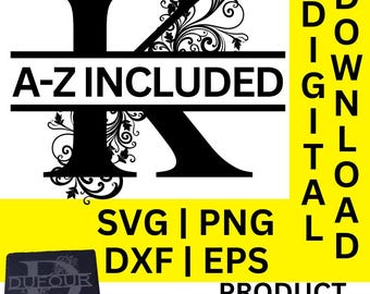 Floral Swirl split monogram svg dxf png eps, split monogram alfabet, familienaam monogram, digitale download, gesneden bestand, gravure bestand (#7b)