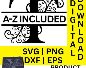 Floral Swirl split monogram svg dxf png eps, split monogram alfabet, familienaam monogram, digitale download, gesneden bestand, gravure bestand (#6b)