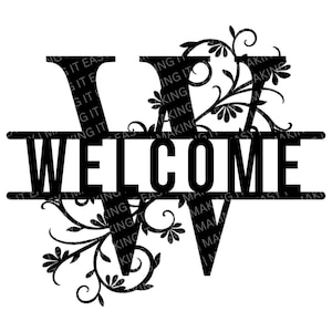 May include: Black metal welcome sign with a decorative floral design and the letter W. The sign reads "WELCOME" in all capital letters.