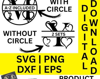 Coeurs split monogramme svg, dxf, png et eps, split monogramme alphabet, nom de famille monogramme, téléchargement numérique, fichier coupé, fichier de gravure