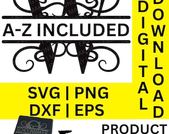 Monogram splitsen svg, dxf, png en eps, monogram gesplitst alfabet, familienaammonogram, digitale download, bestand knippen, gravurebestand