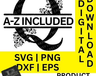 Floral split monogram svg, dxf, png en eps, split monogram alfabet, familienaam monogram, digitale download, gesneden bestand, gravurebestand