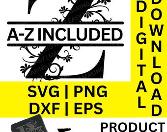 Floral split monogram svg, dxf, png en eps, split monogram alfabet, familienaam monogram, digitale download, gesneden bestand, gravurebestand
