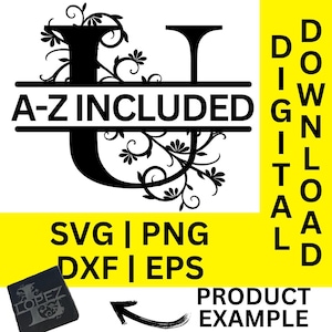 Monograma floral dividido svg, dxf, png y eps, alfabeto de monograma dividido, monograma de apellido, descarga digital, archivo de corte, archivo de grabado
