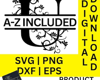 Floral split monogram svg, dxf, png en eps, split monogram alfabet, familienaam monogram, digitale download, gesneden bestand, gravurebestand