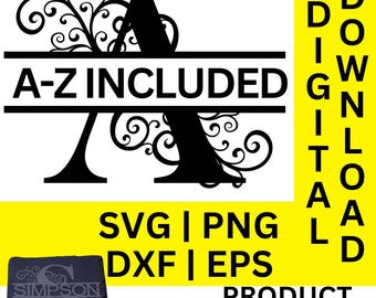 Floral Swirl split monogram svg dxf png eps, split monogram alfabet, familienaam monogram, digitale download, gesneden bestand, gravure bestand (#6a)
