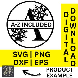 Pode incluir: Design digital em preto e branco com a letra "A" e detalhes de flocos de neve dentro de um círculo. O texto "A-Z INCLUDED" é exibido, juntamente com "SVG | PNG DXF | EPS" e "DIGITAL DOWNLOAD". Um exemplo de produto também é mostrado.