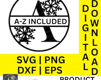 Sneeuwvlokken gesplitst monogram svg, dxf, png en eps, gesplitst monogram alfabet, familienaam monogram, digitale download, gesneden bestand, gravurebestand