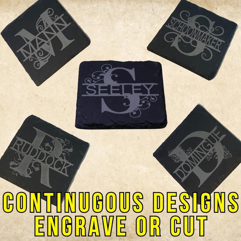 May include: Five black slate coasters with engraved names and decorative flourishes. The names are "Mann", "Seeley", "Schoonmaker", "Rudock", and "Domingue". The coasters are for sale and are advertised as "Continuous Designs Engrave or Cut".