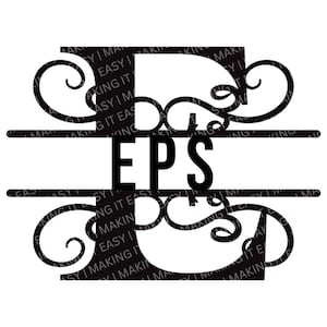 May include: Black and white split monogram design with the letter "S" and the word "EPS" in the center. The letter "S" is decorated with a flourish.