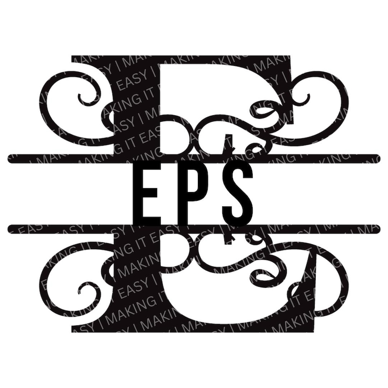 May include: Black and white split monogram design with the letter "S" and the word "EPS" in the center. The letter "S" is decorated with a flourish.