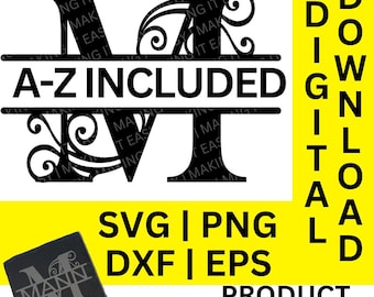 Swirl split monogram svg, dxf, png en eps, split monogram alfabet, familienaam monogram, digitale download, gesneden bestand, gravurebestand