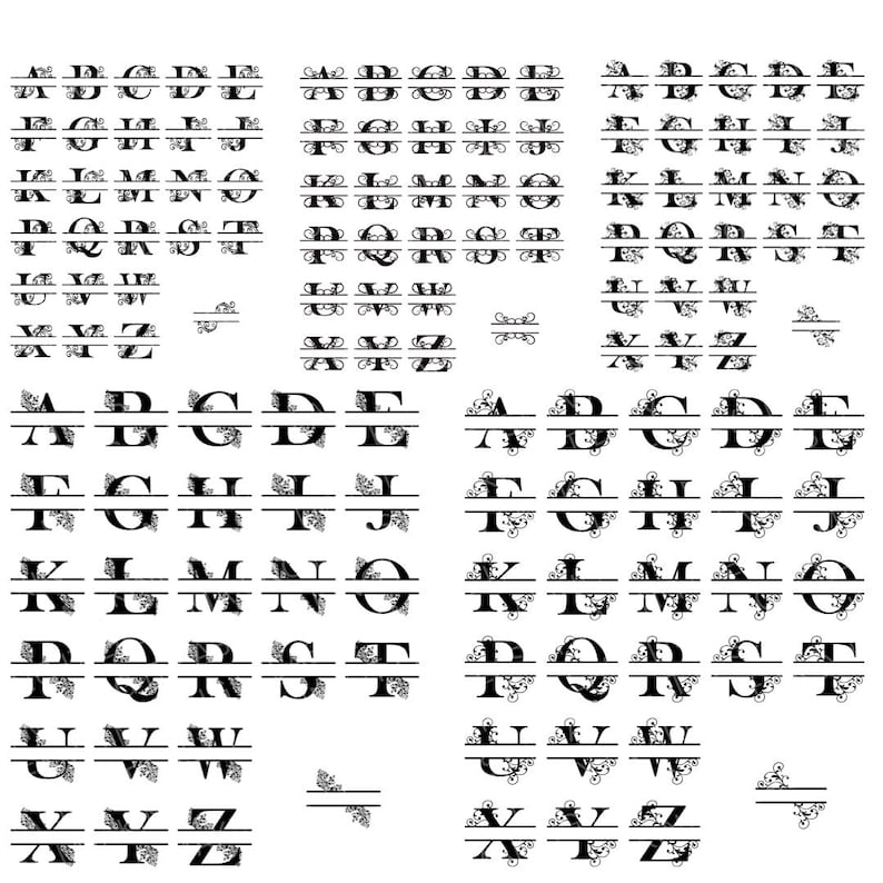 May include: A set of 26 uppercase letters with decorative flourishes, each letter is split in half with a horizontal line. The letters are in black and white.