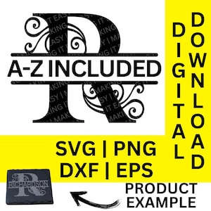 Swirl Split Monogram svg, dxf, png und eps, Split Monogramm Alphabet, Familienname Monogramm, digitaler Download, Schnittdatei, Gravurdatei