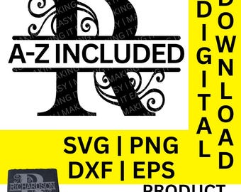 Swirl split monogram svg, dxf, png en eps, split monogram alfabet, familienaam monogram, digitale download, gesneden bestand, gravurebestand