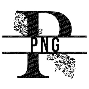 May include: Black and white graphic design of the letter "P" with ornate floral details. The letter is split in half with the word "PNG" in all caps in the middle.