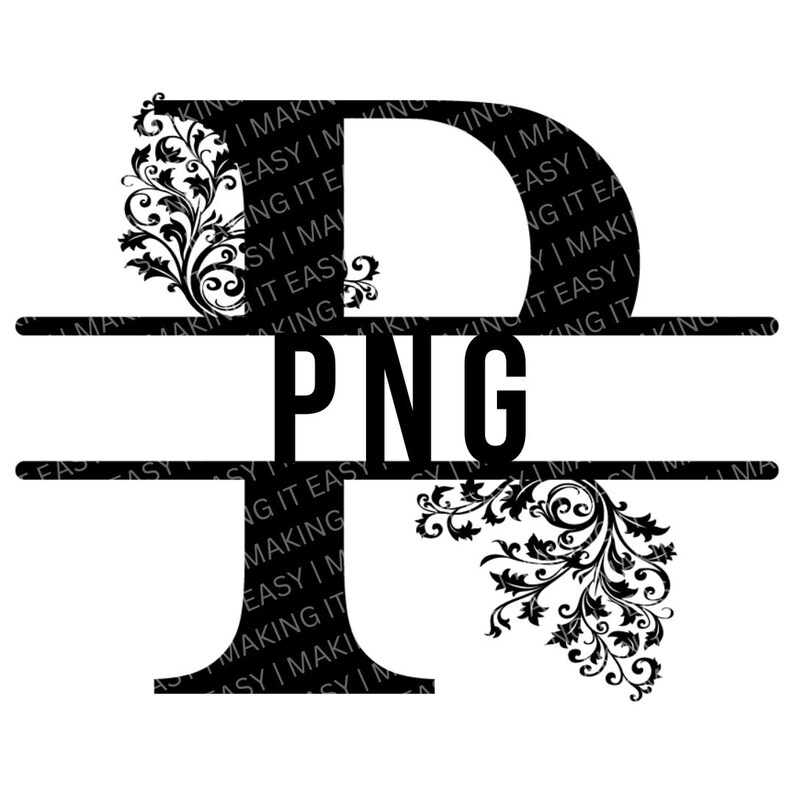 May include: Black and white graphic design of the letter "P" with ornate floral details. The letter is split in half with the word "PNG" in all caps in the middle.