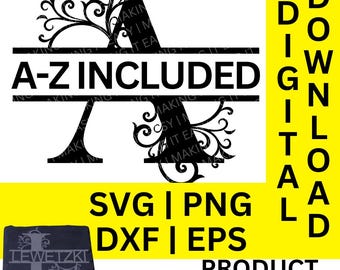 Floral Swirl split monogram svg dxf png eps, split monogram alfabet, familienaam monogram, digitale download, gesneden bestand, gravure bestand (#9b)