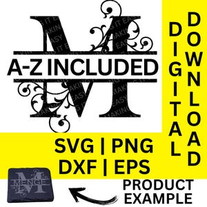 Monogramma diviso a spirale floreale svg dxf png eps, alfabeto monogramma diviso, monogramma nome famiglia, download digitale, file di taglio, file di incisione (#5a)