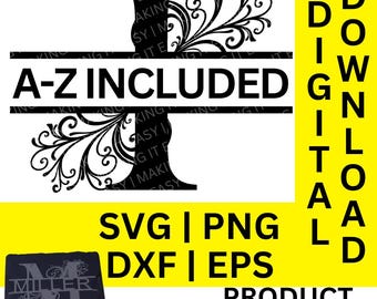 Floral Swirl gesplitst monogram svg dxf png eps, gesplitst monogram alfabet, familienaam monogram, digitale download, bestand knippen, gravure bestand (# 8a)