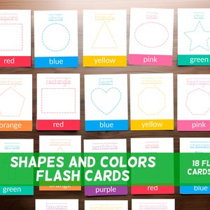 Tarjetas flash de 18 colores y formas, práctica de rastreo, tarjetas educativas Montessori para niños en edad preescolar, educación en el hogar e imprimibles en el aula