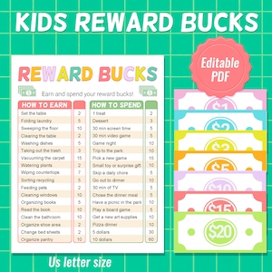 Editable Kids Reward Bucks,Kids money chart, Allowance tracker, Earn money chart, Play money, Good behavior bucks, kids reward coupon system