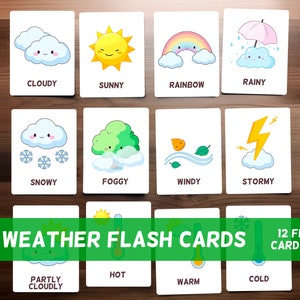 Cartões flash meteorológicos montessori, educativos para crianças, pré-escolas montessori, cartões flash meteorológicos montessori fofos para impressão