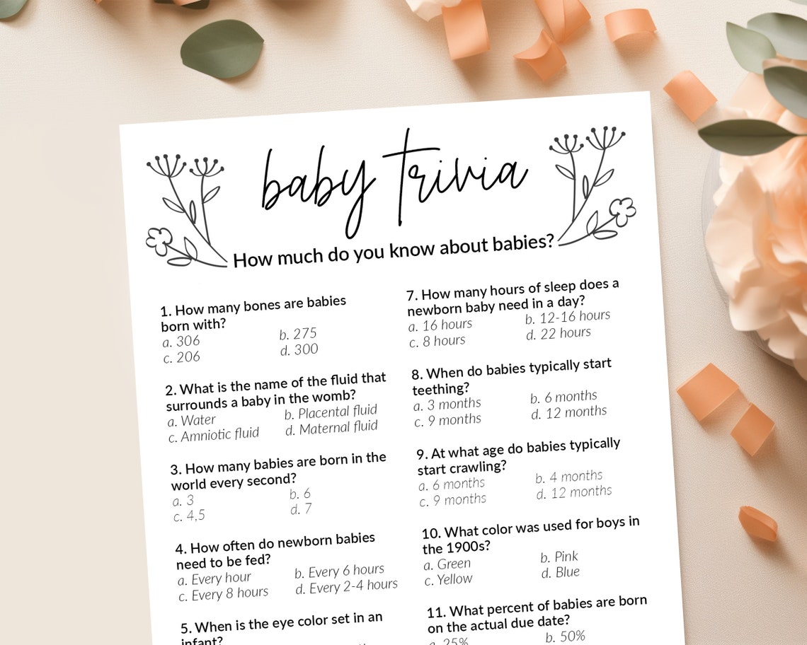 Baby Shower Trivia Game, Baby Shower Printable Game, Trivia Questions