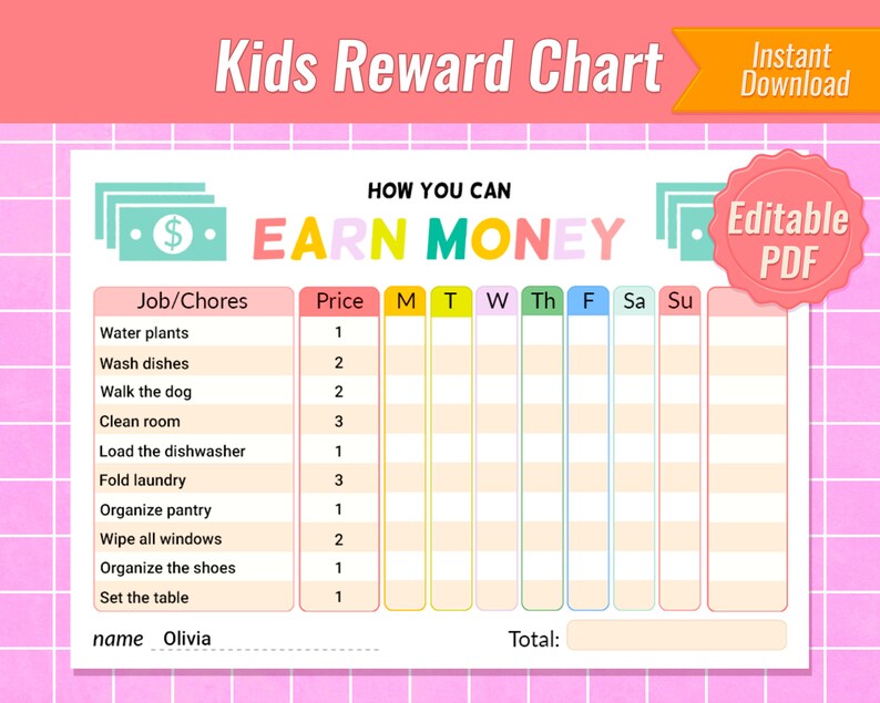 Kids Reward Chart Kids Money Chore Chart Printable Chore Chart For