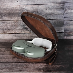 Gepersonaliseerde gravure rundleer AirPods Max-hoesje Aangepaste AirPods Max-hoes AirPods Max-doos met haak Vader-vriendje uniek cadeau
