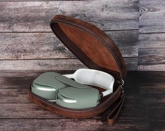 Personalized Custom Engraving Cowhide Leather AirPods Max Case Cover Box with Strip Hook