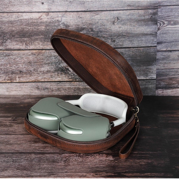Personalized Engraving Cowhide Leather AirPods Max Case Custom AirPods Max Cover Keychain AirPods Max Case with hook Father Unique Gift