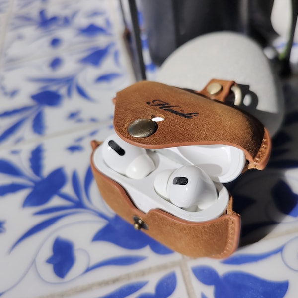 Personalized Engraving Cowhide Leather Airpods1, 2, 3, Pro Case Custom Airpods Cover Keychain Airpods Pro Case with hook Custom Airpods Case