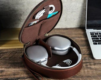 Personalized Engraving Custom Cowhide Leather AirPods Max Case Cover Box with Strip hook